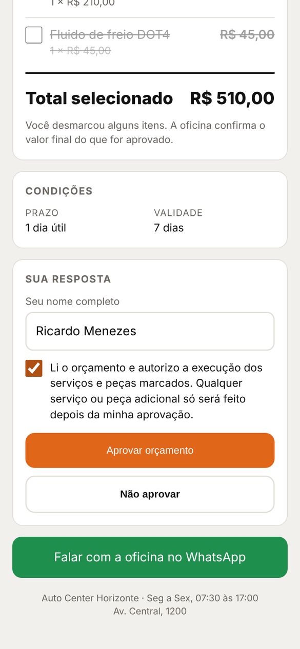 Página de aprovação do orçamento no celular do cliente